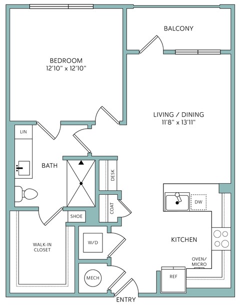 Floor plan for 1 bed, 1 bath, 727 sqft